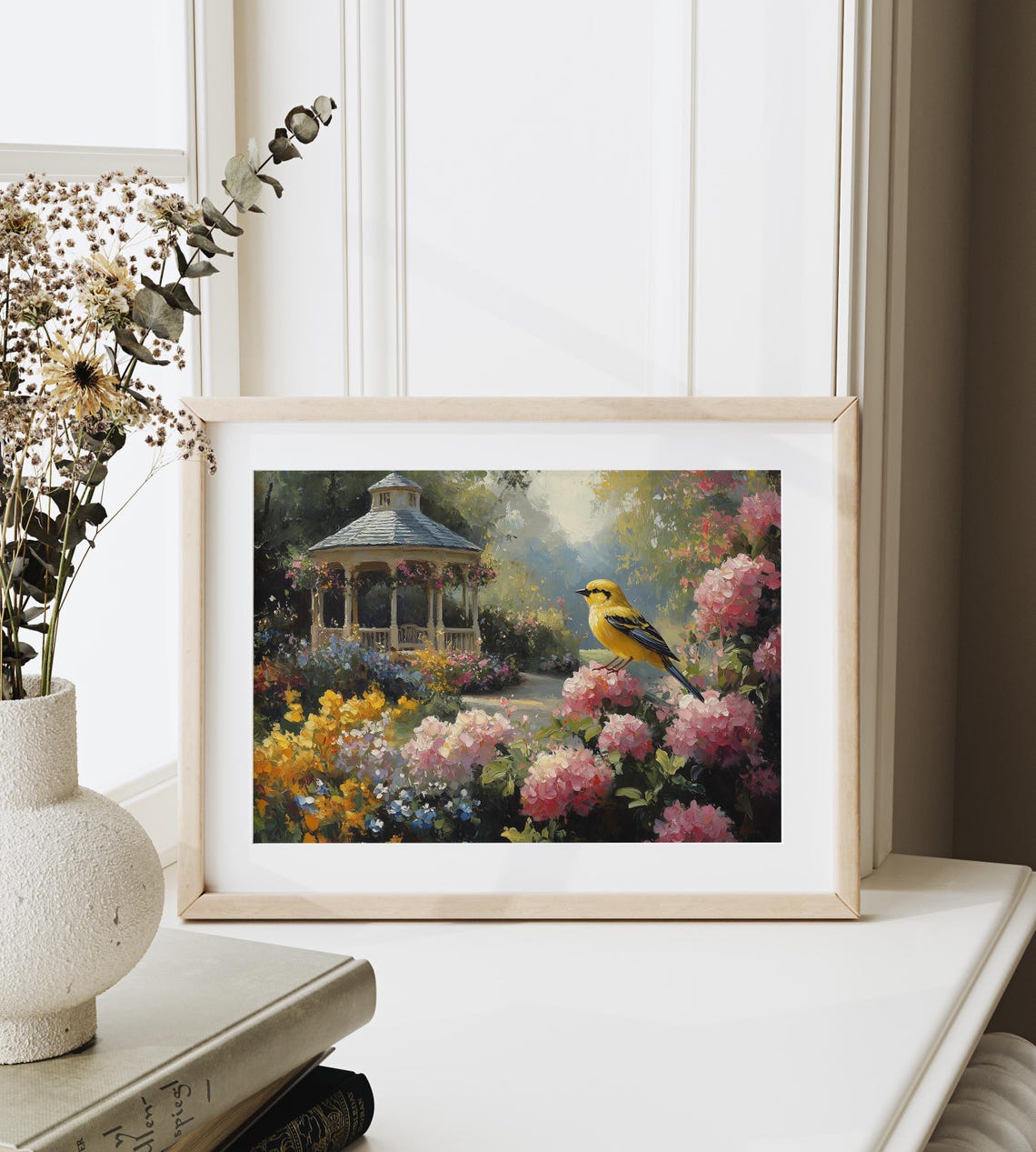Yellow Goldfinch On Flowering Hydrangea Bush In Garden Gazebo Poster - Image 3