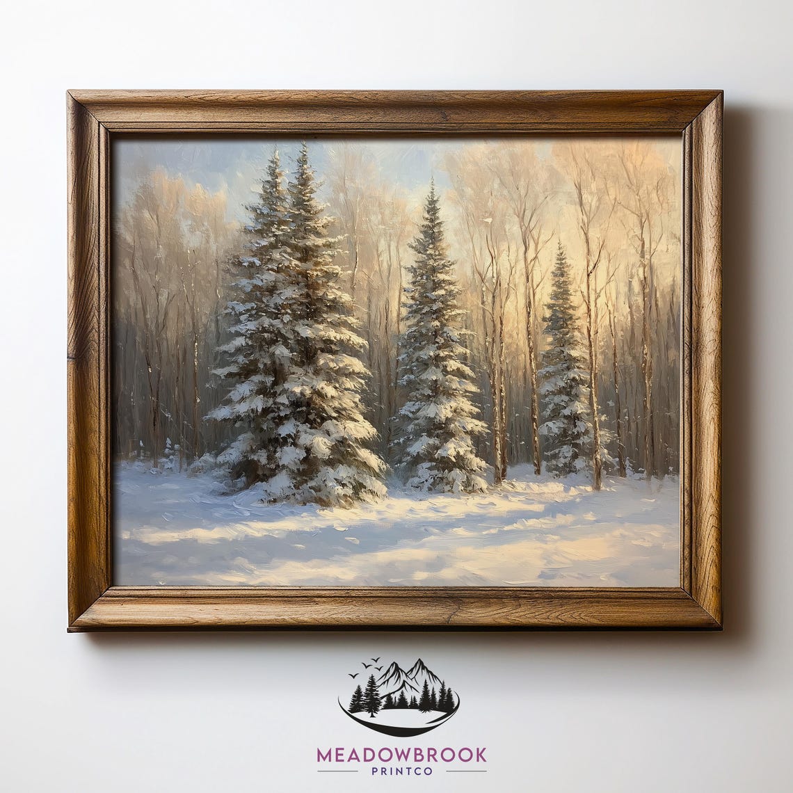 Sunlit Snowy Evergreens In Winter Forest Landscape Painting Print