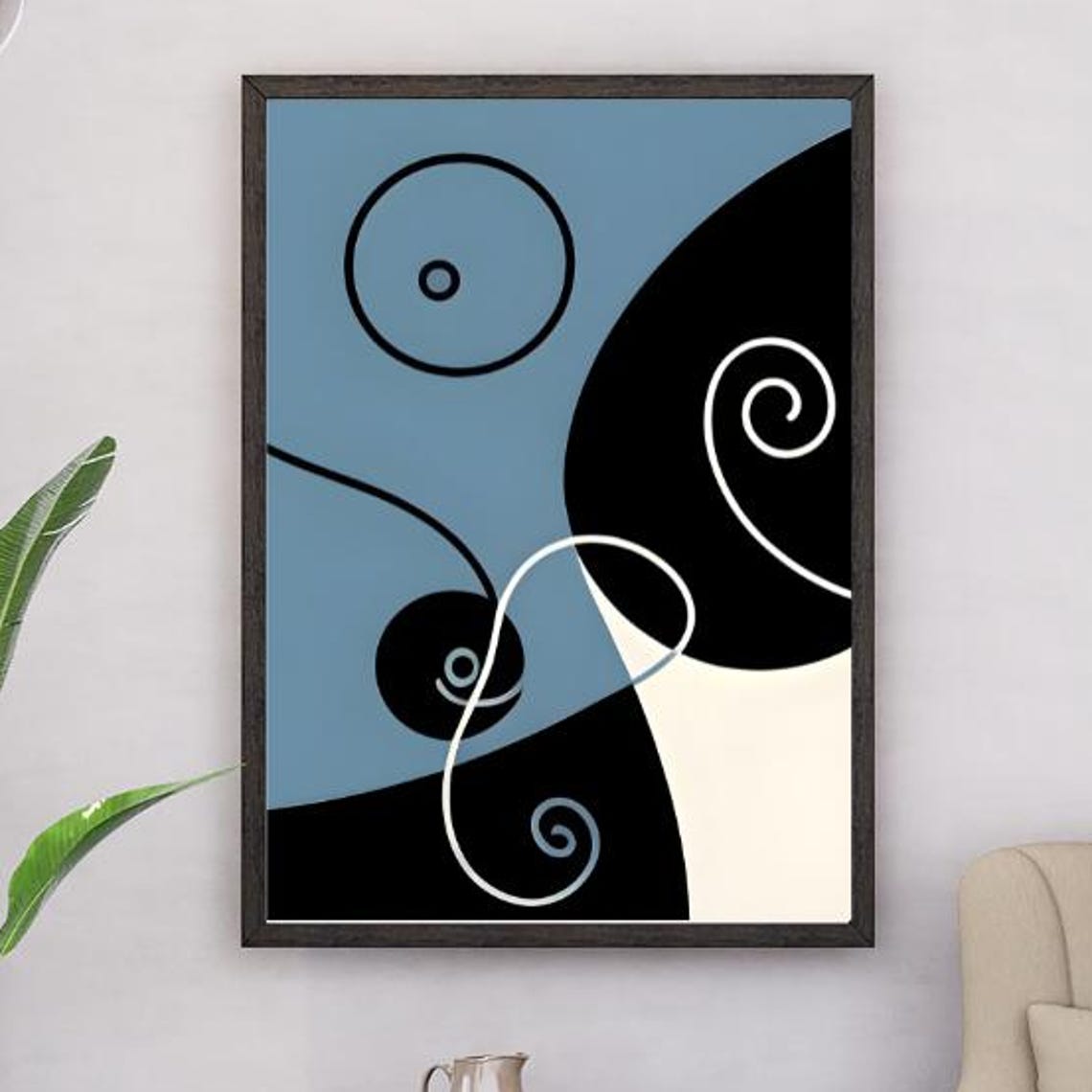 Blue Black Abstract Swirls Circles Mid Century Geometric Art Poster
