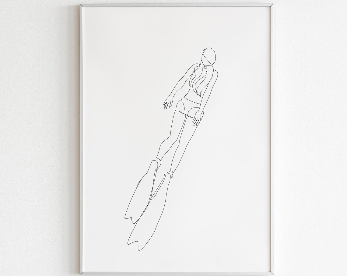 One Line Female Diver With Fins Minimalist Ocean Swimming Art Poster - Image 4