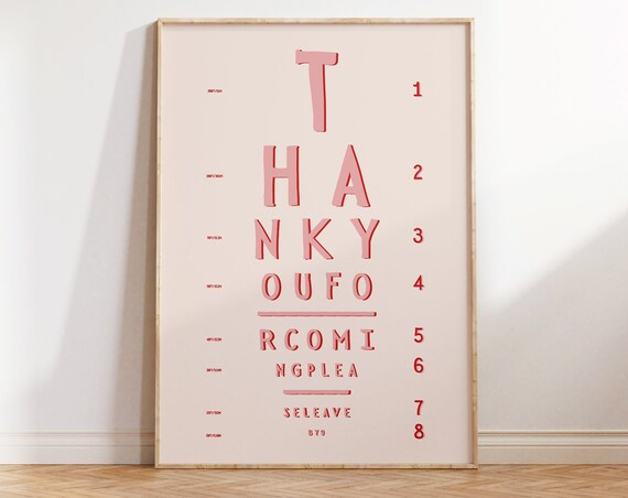 Thanks For Coming Print Eye Chart Poster Trendy Living Room Decor Pink Beige Cute Quote Dorm Room Art Aesthetic Apartment Wall Art