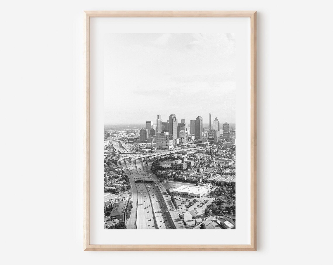Dallas Texas Downtown Skyline Highway Black and White Poster