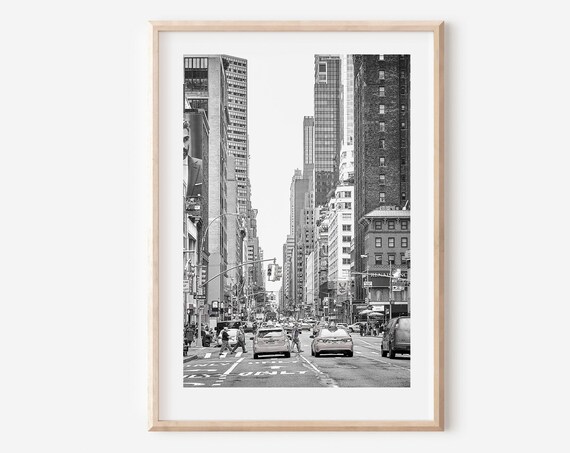 New York City Manhattan Street Black and White Poster, Urban Traffic Scene