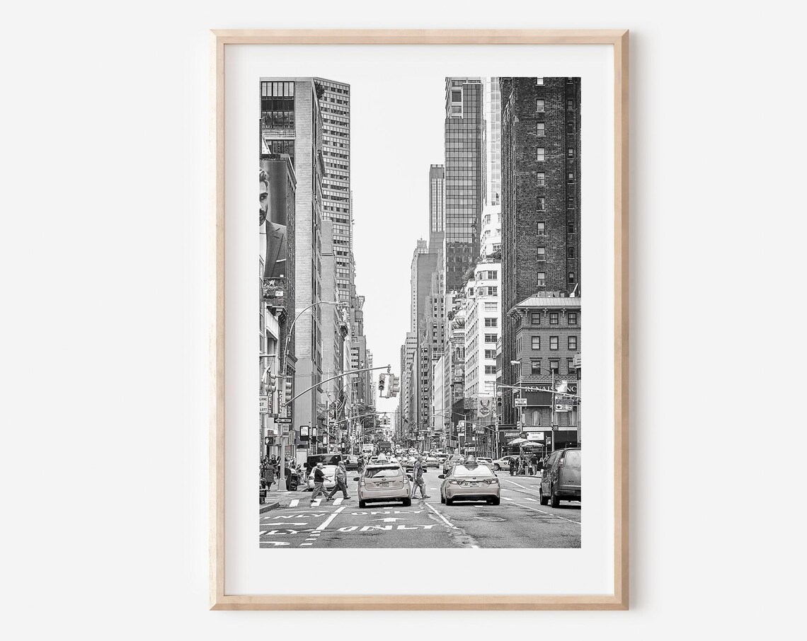 New York City Manhattan Street Black and White Poster, Urban Traffic Scene