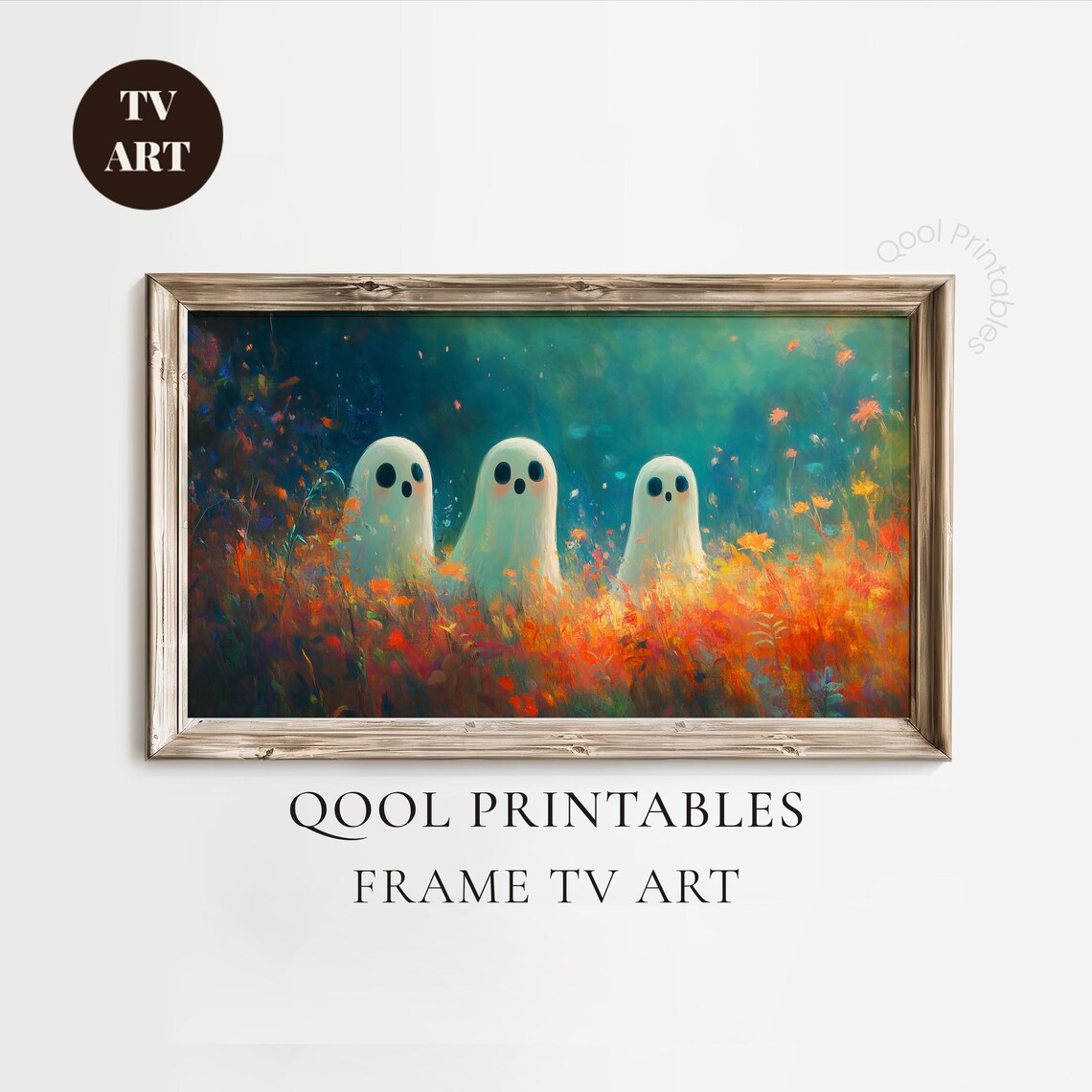 Cute Ghost Trio Autumn Wildflower Field Halloween Wall Art Decor