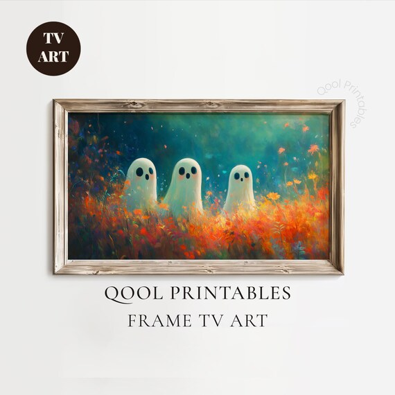 Cute Ghost Trio Autumn Wildflower Field Halloween Wall Art Decor