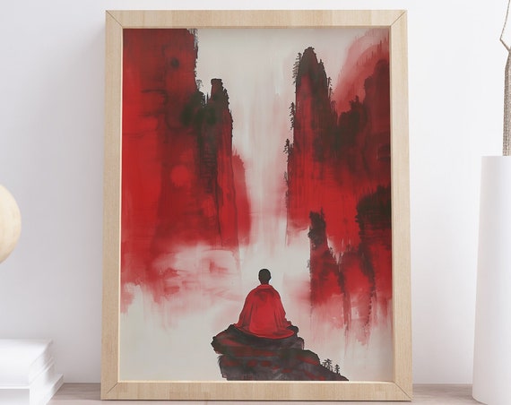 Moody Japanese Painting Wall Art Relaxing Meditation Room Decor Spiritual Home Decor Sumi E Style Art Print
