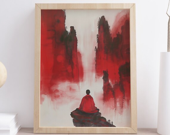 Red Ink Wash Mountain Gorge Meditating Monk Serene Japanese Poster