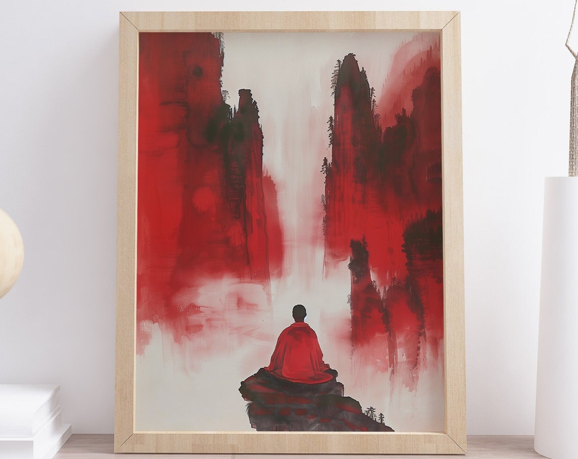 Red Ink Wash Mountain Gorge Meditating Monk Serene Japanese Poster