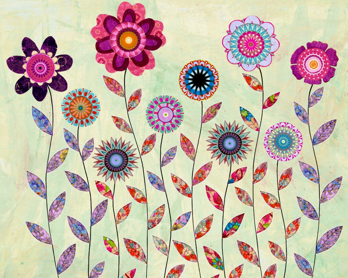 Purple Flowers Art Print Wall Art Print Abstract Painting Mixed Media Collage Art Large Art Print Floral Art Large Flower Painting