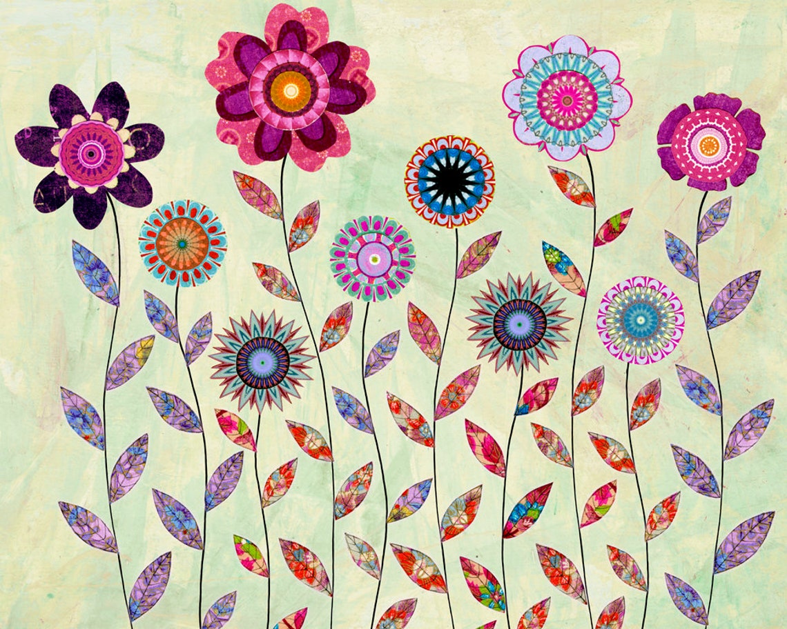 Tall Purple And Pink Collage Flowers With Patterned Leaves Art Poster