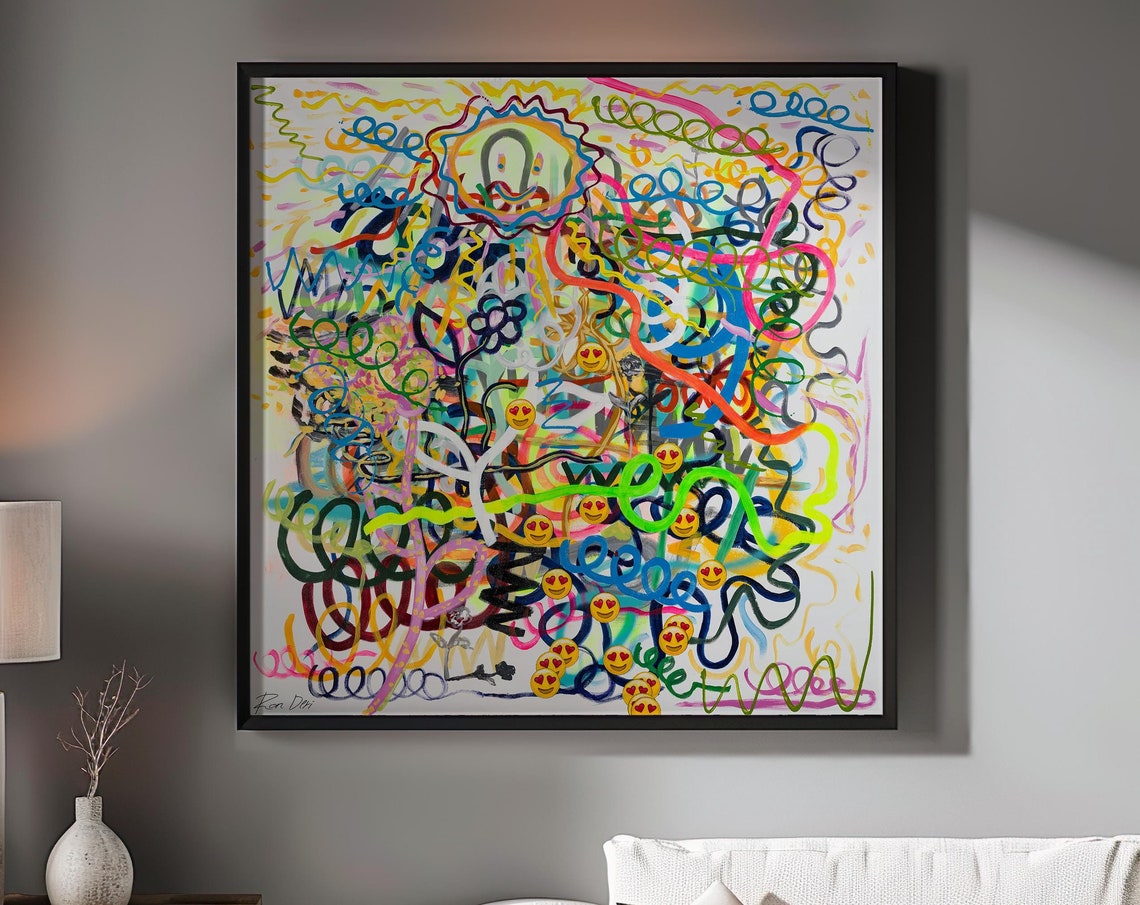 Smiley Face Doodle Squiggle Colorful Modern Abstract Artwork Poster
