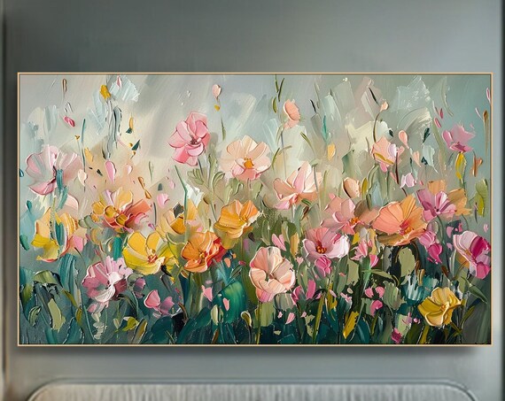 Dreamy Spring Blossom Meadow Oil Painting Pink Yellow Flowers Soft Light Poster