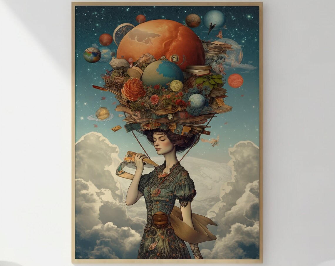 Dreamer Woman With Cosmic Planets Surreal Vintage Collage Art Print