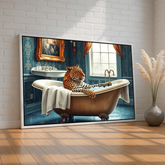 Leopard In Bathtub Wall Art Whimsical Luxury Animal Canvas Print Funny Eclectic Bathroom Decor Bold Wild Cat Artwork Ready To Hang
