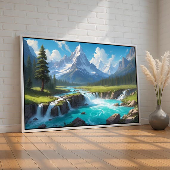 Turquoise Mountain Waterfall Scene Serene Nature Canvas Poster Scenic River Landscape Wall Art For Home Ready To Hang