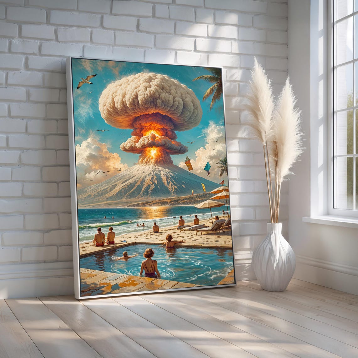 Surreal Volcano Eruption Over Retro Beach Pool Scene Art Poster