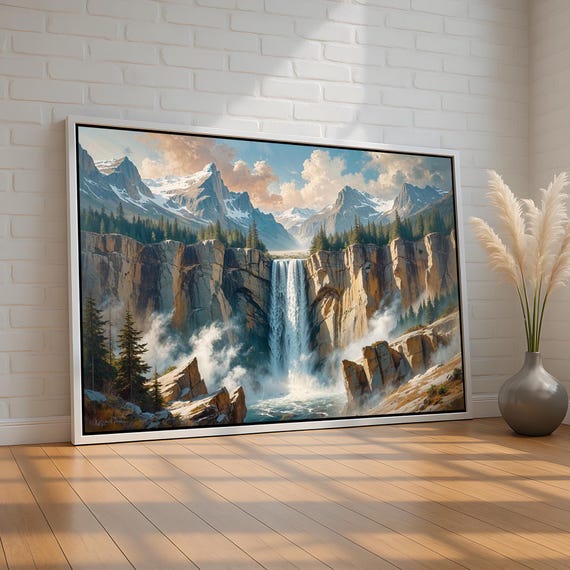 Majestic Mountain Waterfall Landscape Serene Nature Wall Art For Cabin Lodge Or Living Room Decor Canvas Poster Ready To Hang