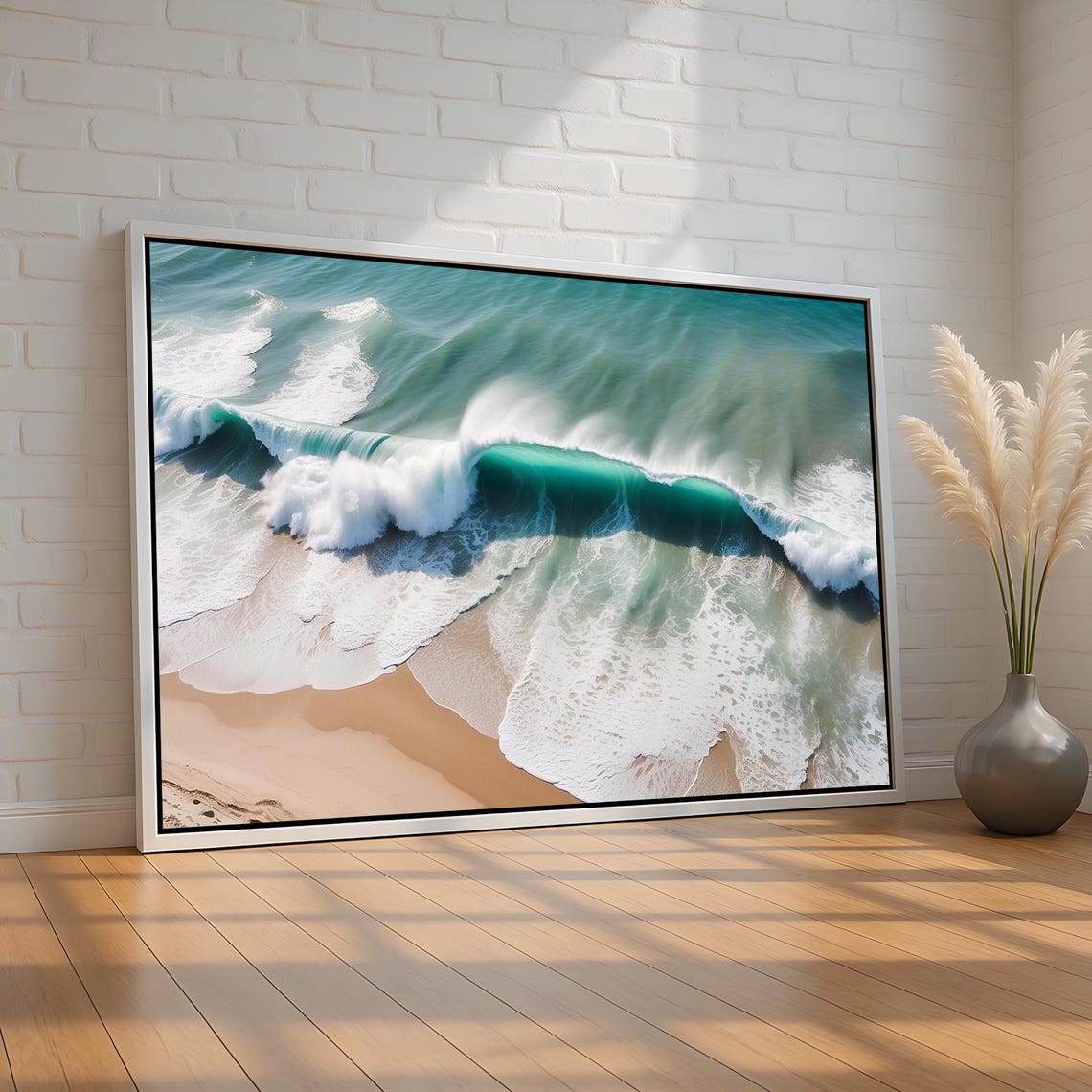 Aerial Turquoise Ocean Wave Crashing on Sandy Beach Photo Poster