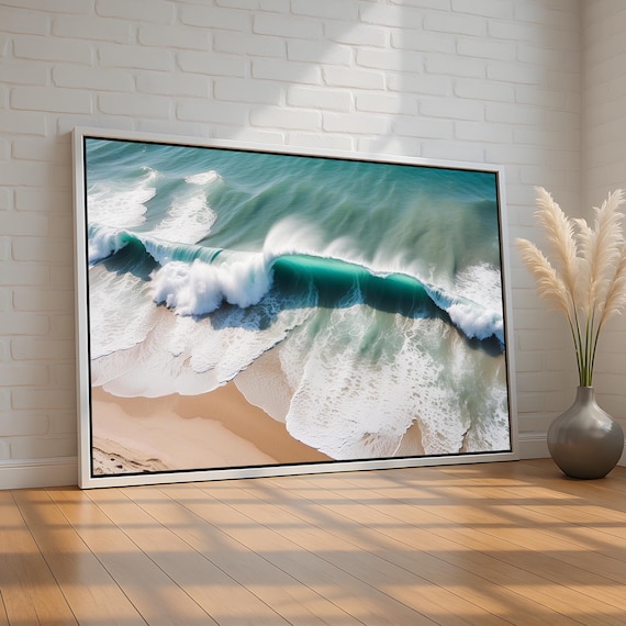 Aerial Turquoise Ocean Wave Crashing on Sandy Beach Photo Poster