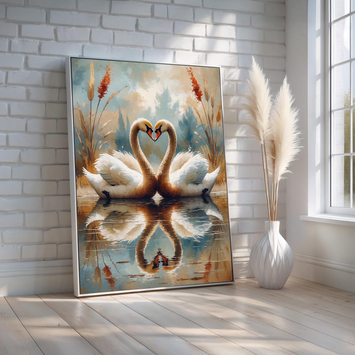 Two White Swans Heart Shape Lake Reflection Romantic Art Poster