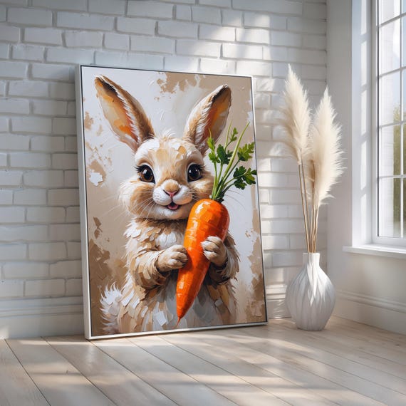 Happy Bunny With Carrot Wall Art Cute Easter Rabbit Canvas Print For Nursery Or Kids Room Whimsical Spring Animal Decor Ready To Hang