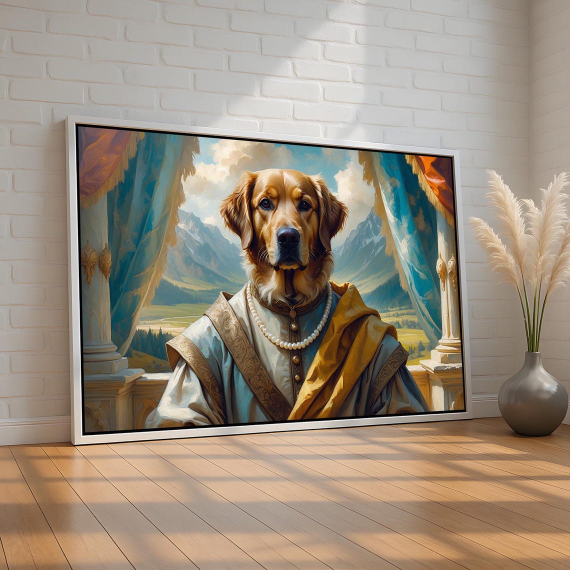 Royal Golden Retriever Portrait Wall Art Funny Noble Dog Canvas Poster Regal Pet Painting In Costume Quirky Animal Decor