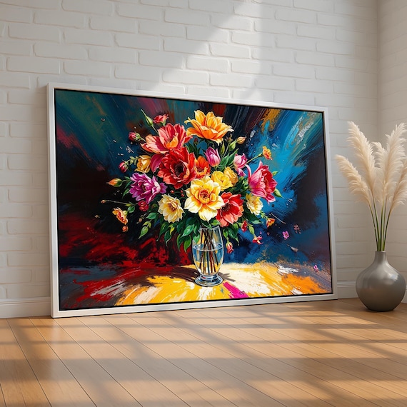 Bold Colorful Flower Bouquet Oil Painting in Vase Floral Art Poster