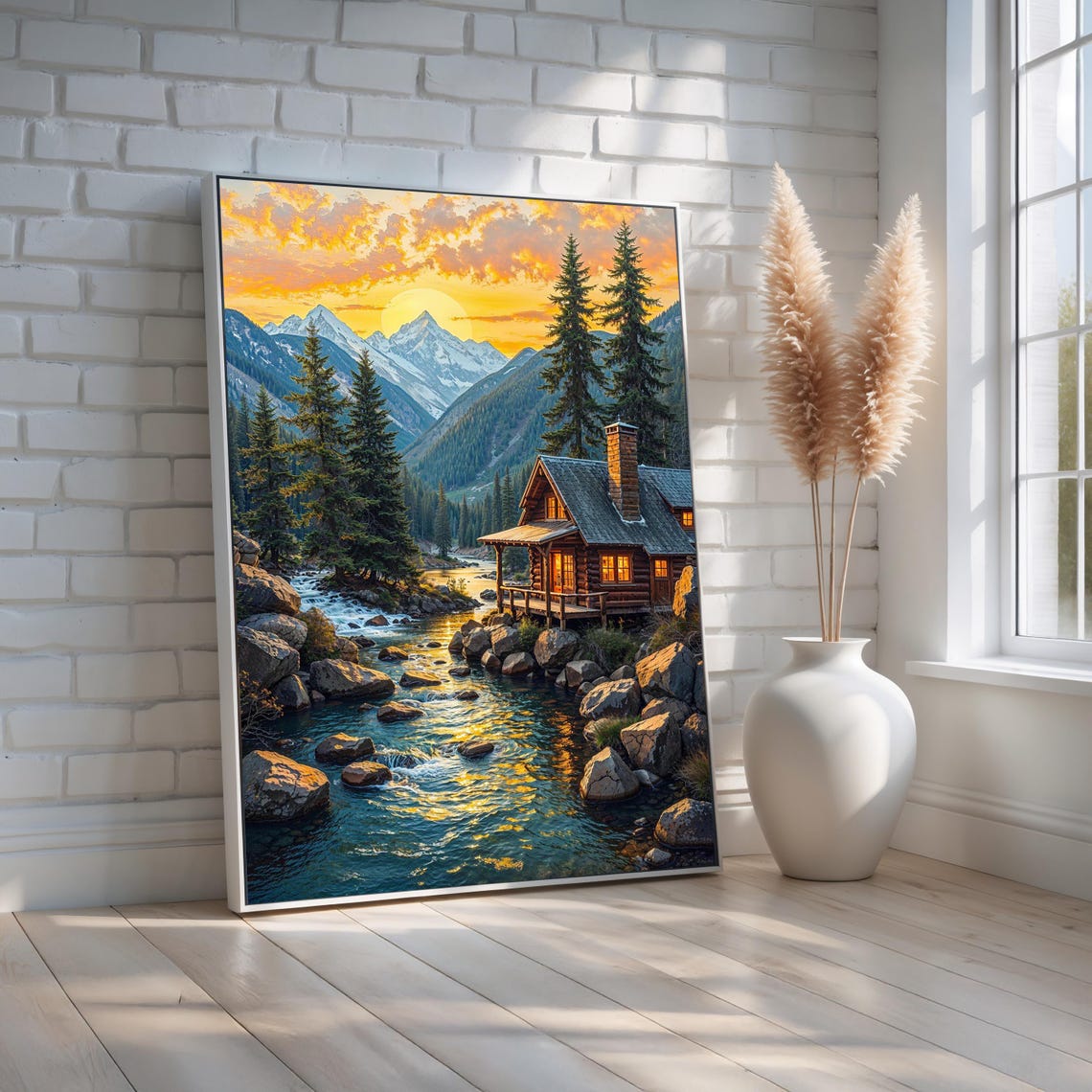 Cozy Log Cabin by Mountain River Sunset Snowy Peaks Landscape Poster