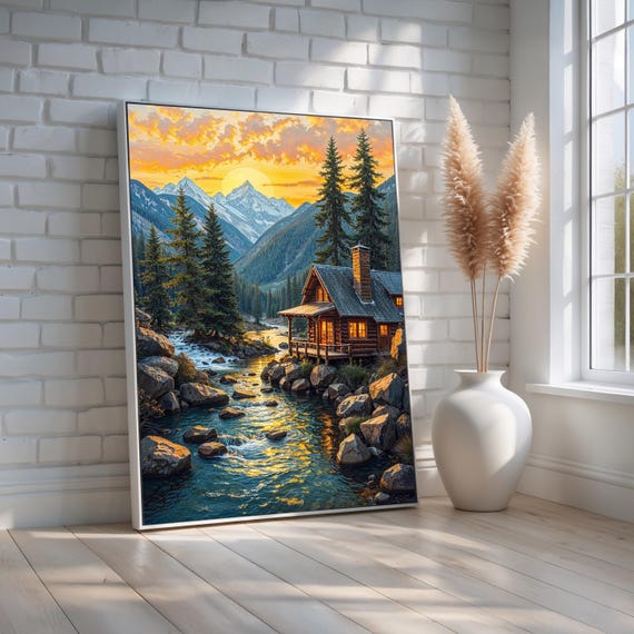 Cozy Log Cabin In Mountain Valley Sunset River Landscape With Pine Trees Snowy Peaks Rustic Nature Canvas Print Ready To Hang