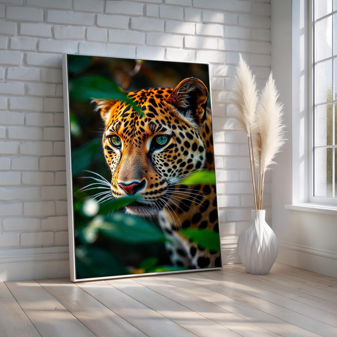 Leopard Face Emerging From Jungle Leaves Green Eyed Predator Poster