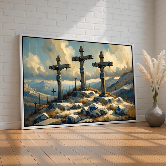 Three Crosses at Calvary Crucifixion Mountain Sunset Art Print