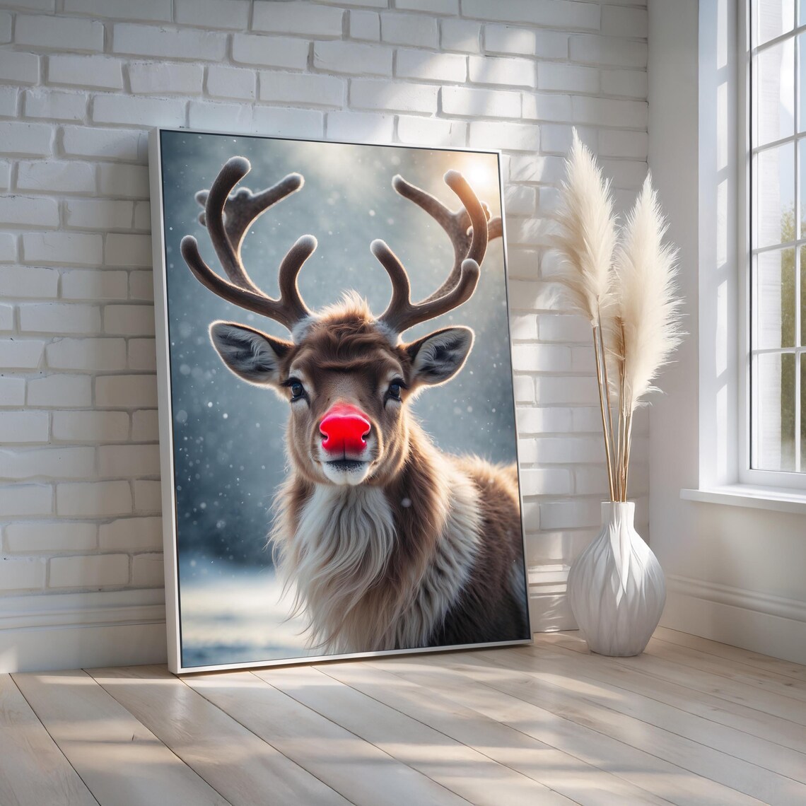 Cute Rudolph Red Nose Reindeer Snowy Christmas Portrait Poster