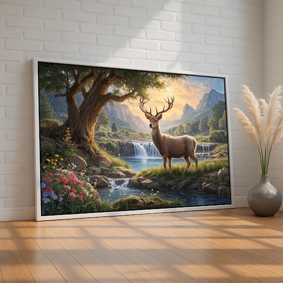 Majestic Deer In Mountain Stream Landscape Serene Nature Wildlife Canvas Wall Art Rustic Cabin Decor Peaceful Forest Scene