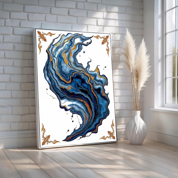 Blue And Gold Abstract Wall Art Elegant Swirl Canvas Print Modern Luxury Decor Poster Fluid Ink Style Painting Ready To Hang