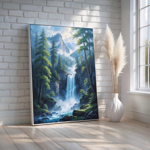 Majestic Waterfall In Mountain Forest Misty Landscape Canvas Wall Art Nature Poster For Cabin Or Lodge Decor Adventure Gift
