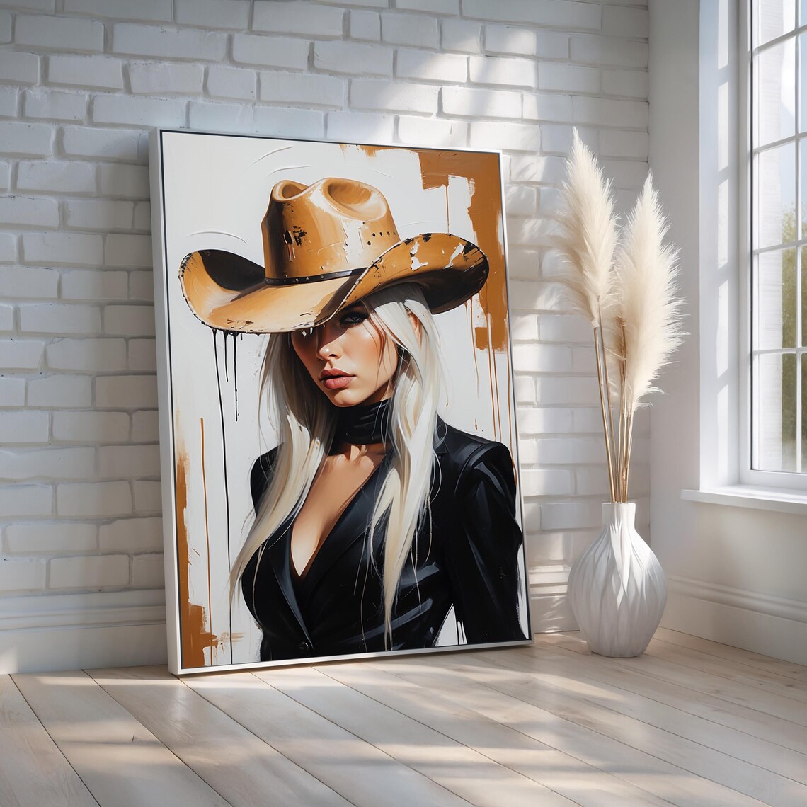 Blonde Cowgirl Tan Cowboy Hat Black Blazer Modern Western Art Poster