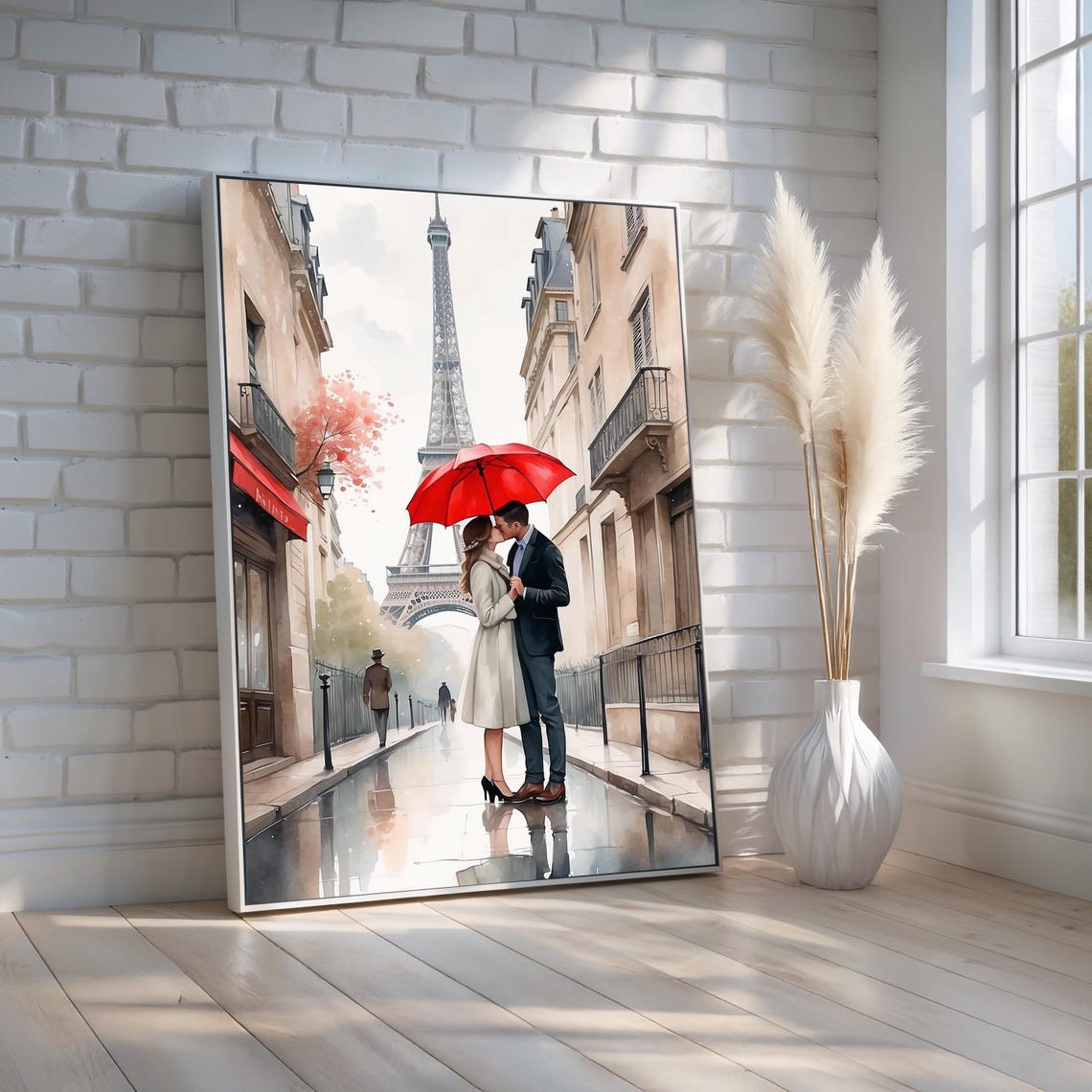 Romantic Paris Couple Kiss Red Umbrella Eiffel Tower Love Art Poster