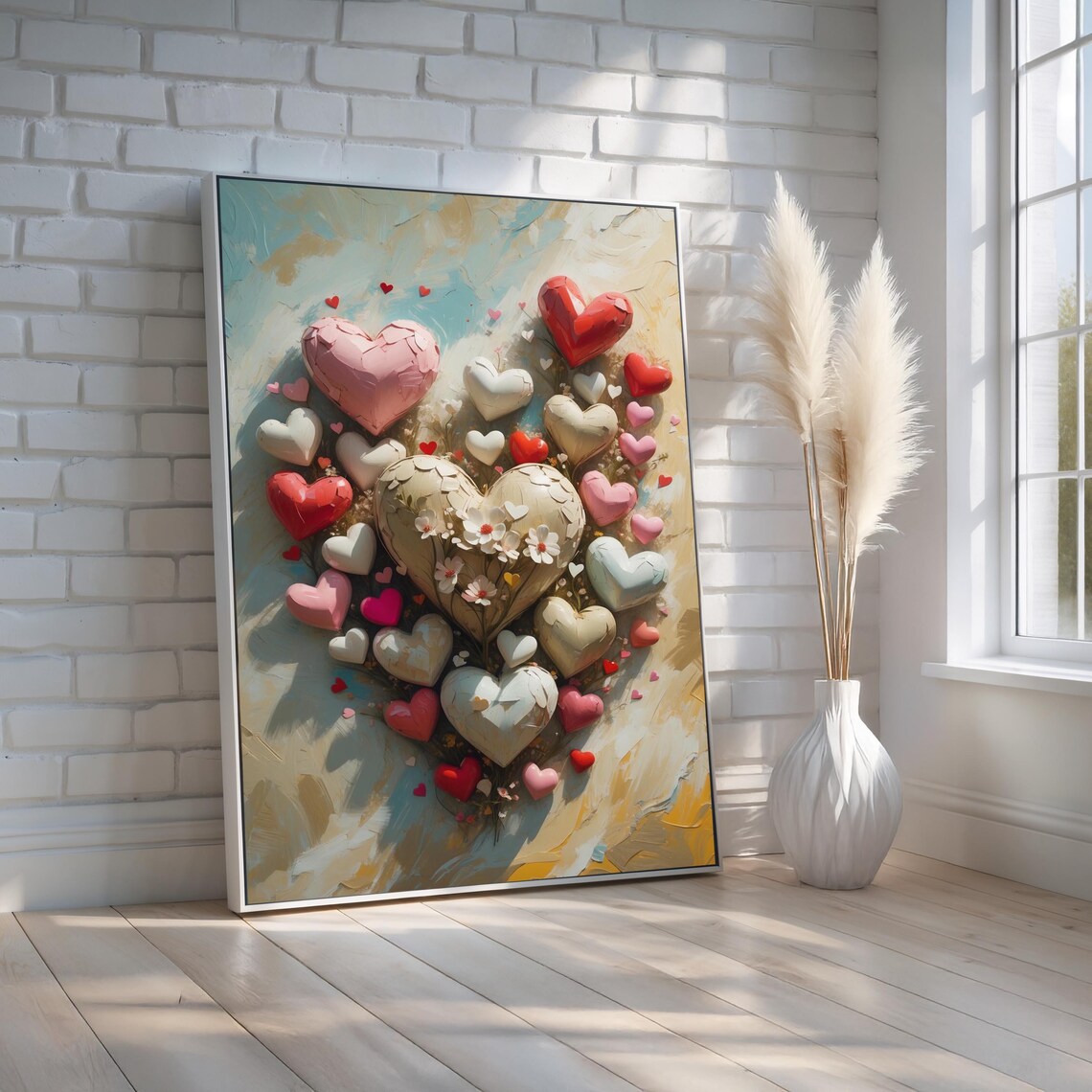 Heart Bouquet 3D Painting Red Pink Cream Romantic Love Wall Art Decor