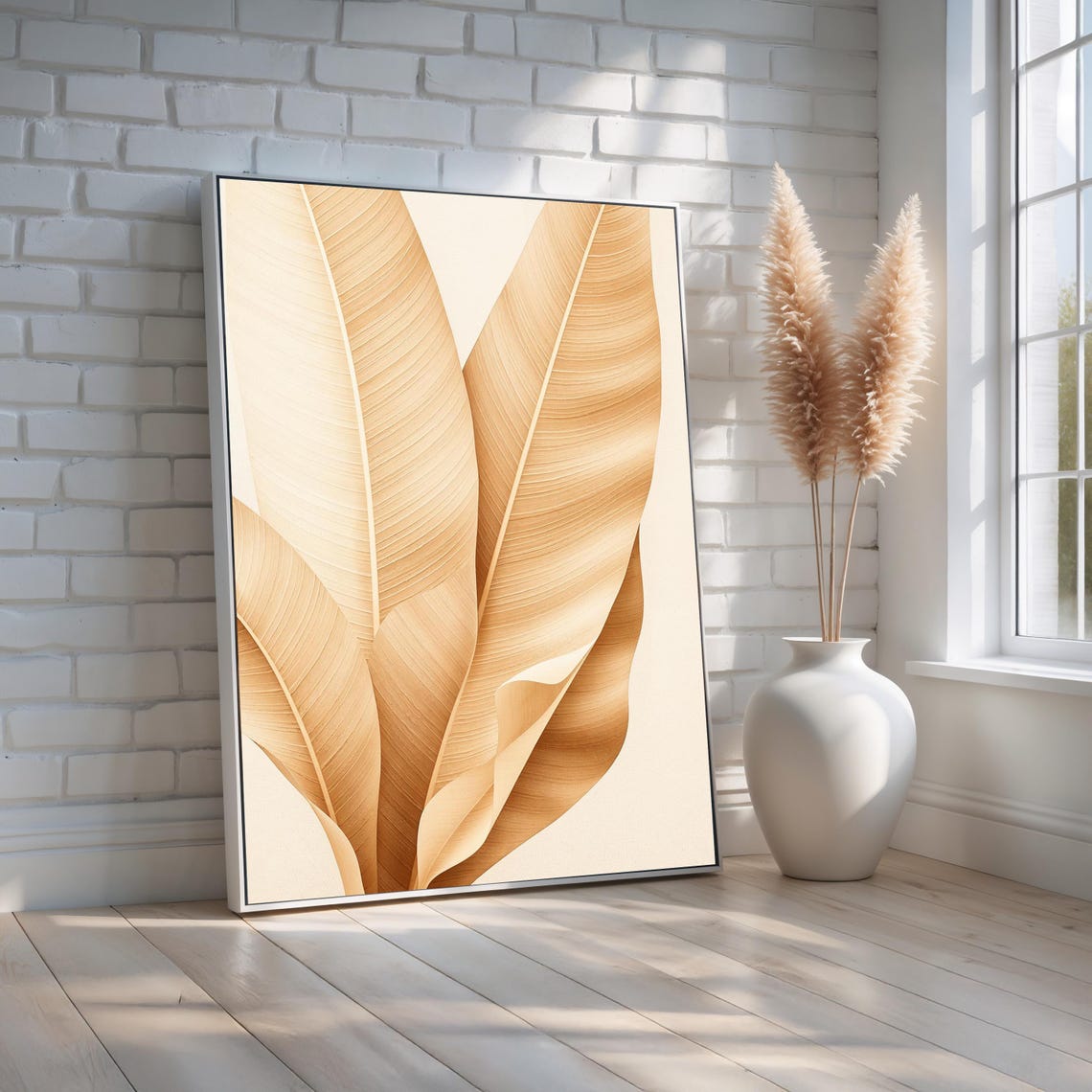 Neutral Tropical Leaf Wall Art Minimalist Botanical Canvas Print Ready To Hang Beige Banana Texture Modern Natural Decor