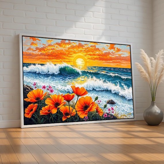 Orange Poppies Sunset Ocean Waves Floral Seascape Painting Poster