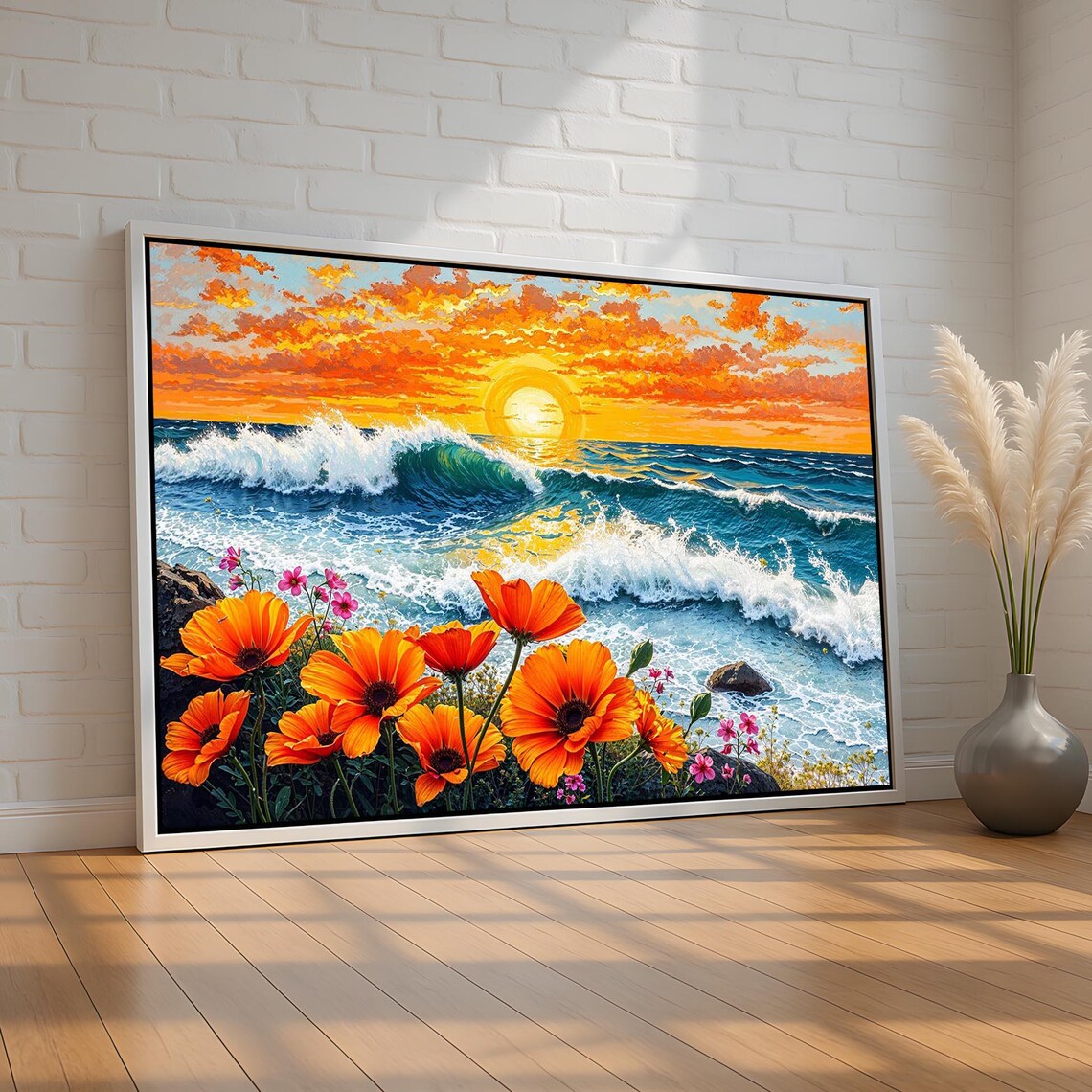 Orange Poppies Sunset Ocean Waves Floral Seascape Painting Poster