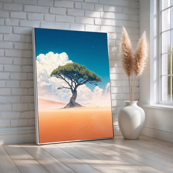Resilient Tree In Desert Wall Art Surreal Landscape Canvas Print Minimal Nature Photography Strength Solitude Decor Ready To Hang