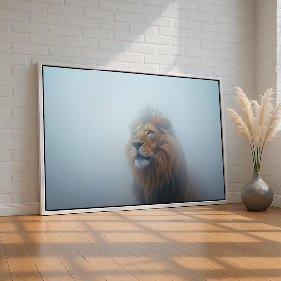 Crowned Lion Wall Art Misty King Of The Jungle Canvas Print Minimalist Power Royalty Decor Masculine Ready To Hang