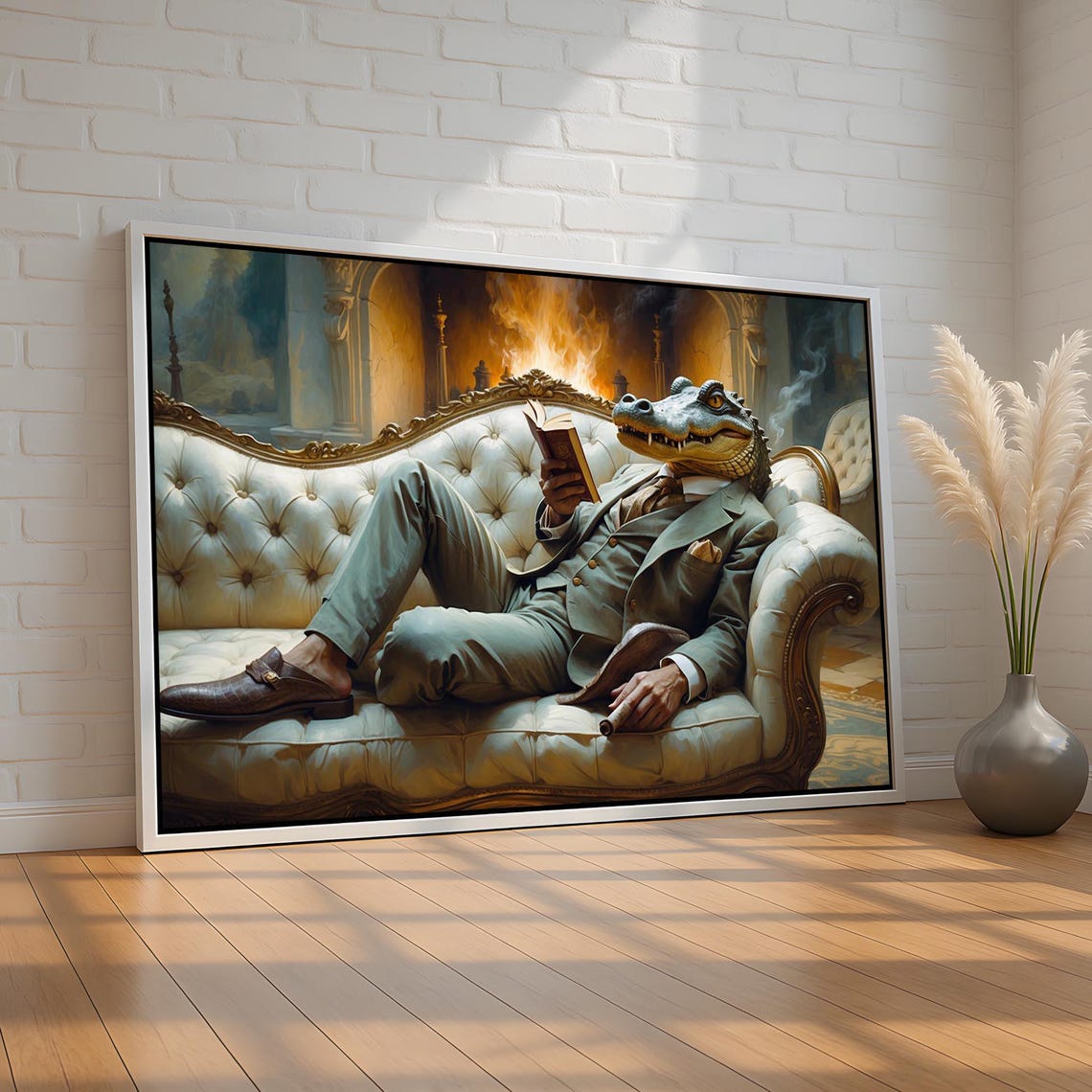 Alligator Gentleman Suit Reading Book Fireplace Funny Art Poster