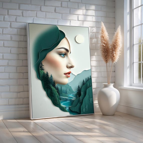Nature Woman Wall Art Surreal Forest Landscape Face Canvas Feminine Decor Dreamy Boho Style Ready To Hang