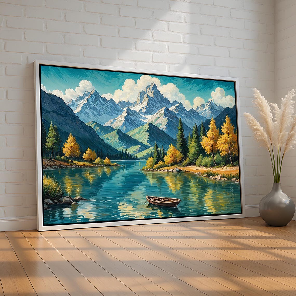 Mountain Lake Landscape Wall Art Peaceful River And Boat Scene Nature Poster With Autumn Trees Snowy Peaks Rustic Cabin Canvas