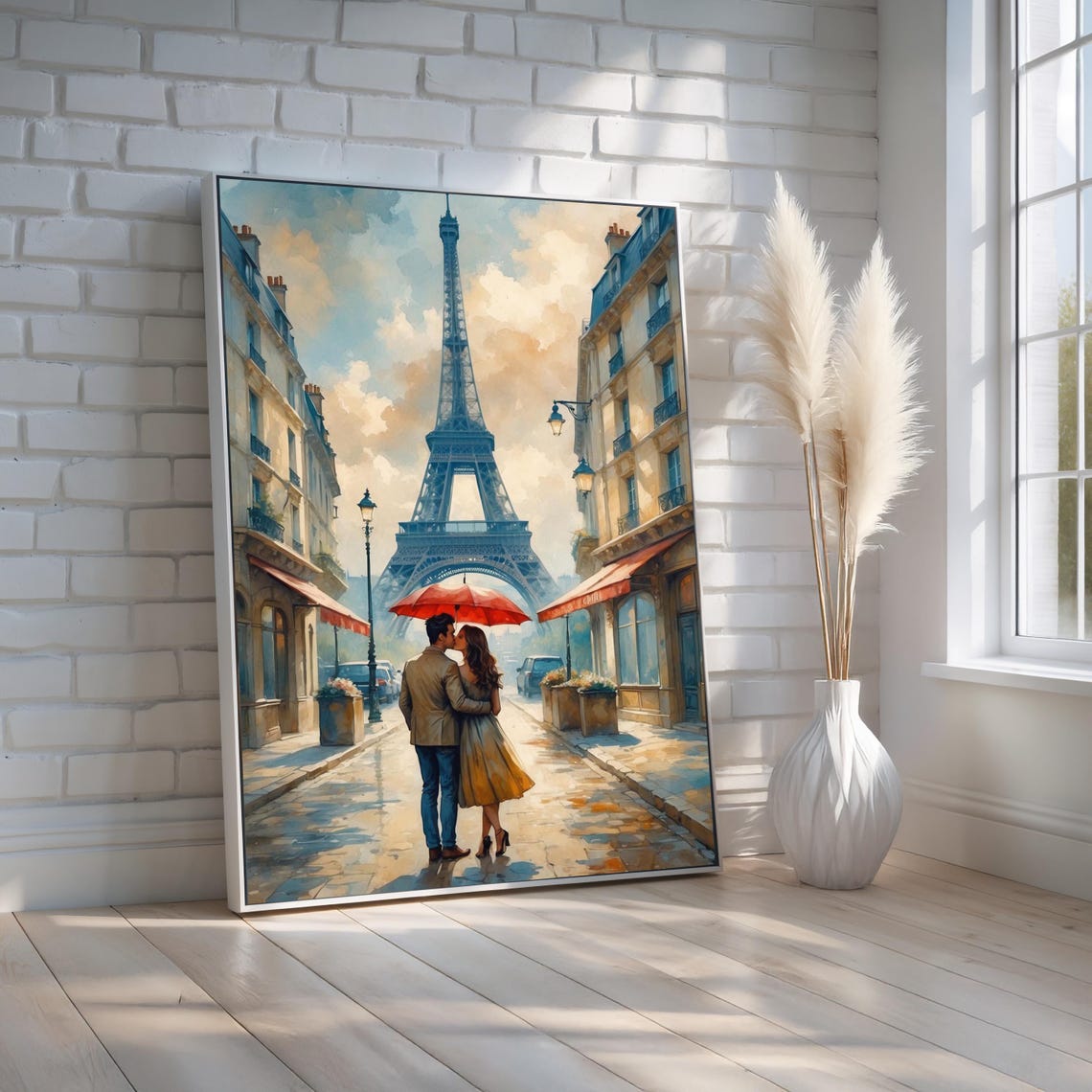 Romantic Paris Couple Kissing Under Red Umbrella Eiffel Tower Poster