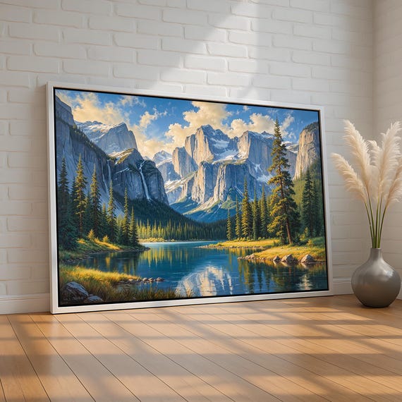 Nature Wall Art Mountain Valley Canvas Serene Landscape With Lake Pines Waterfalls Cabin Lodge Decor Ready To Hang