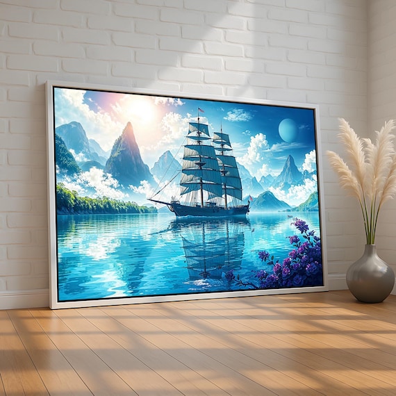 Tall Ship Full Sails Turquoise Sea Mountain Fantasy Art Poster
